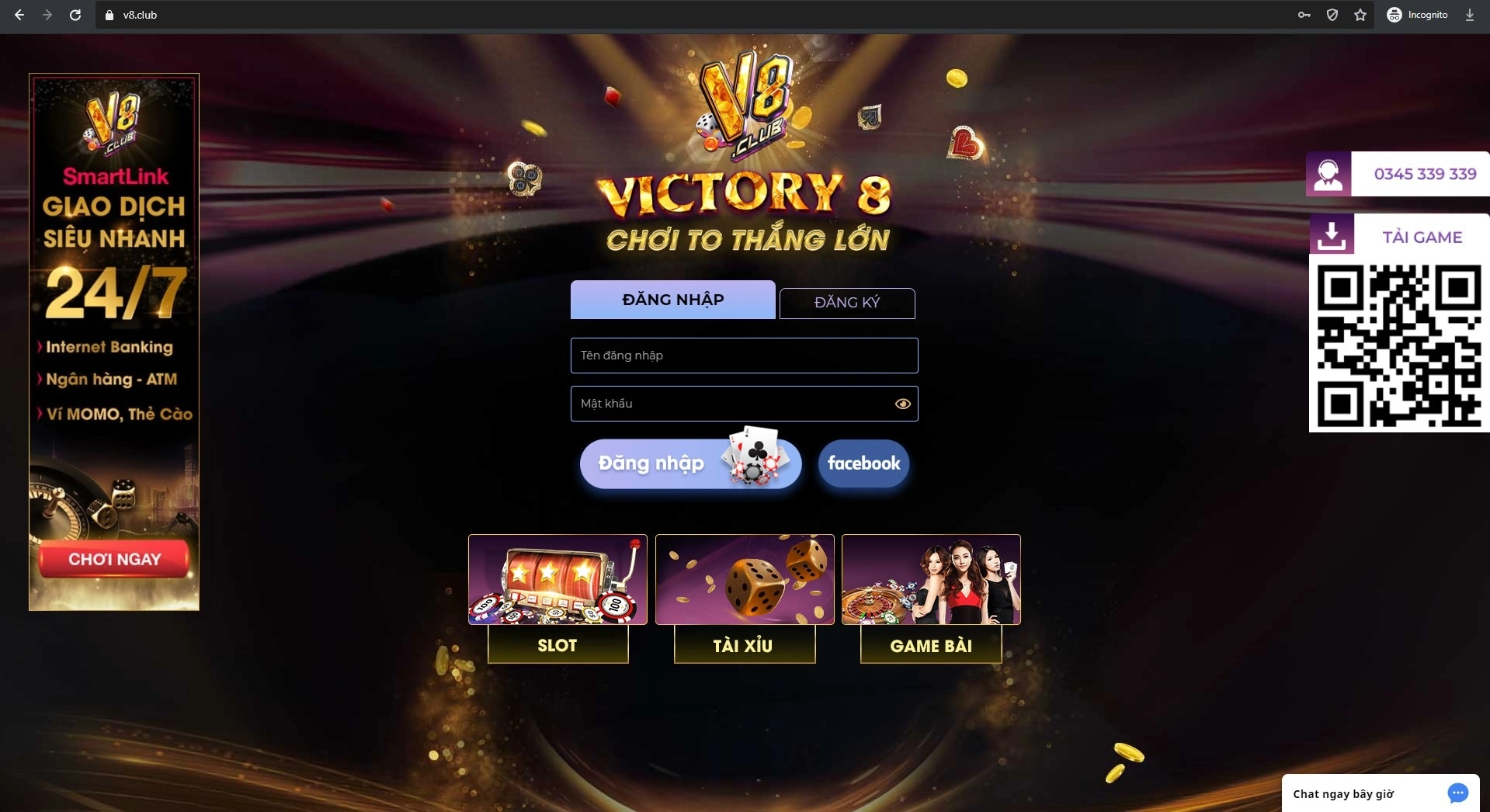 Truy cập trang game rồi click vào mục đăng ký V8club để tạo acc chơi game